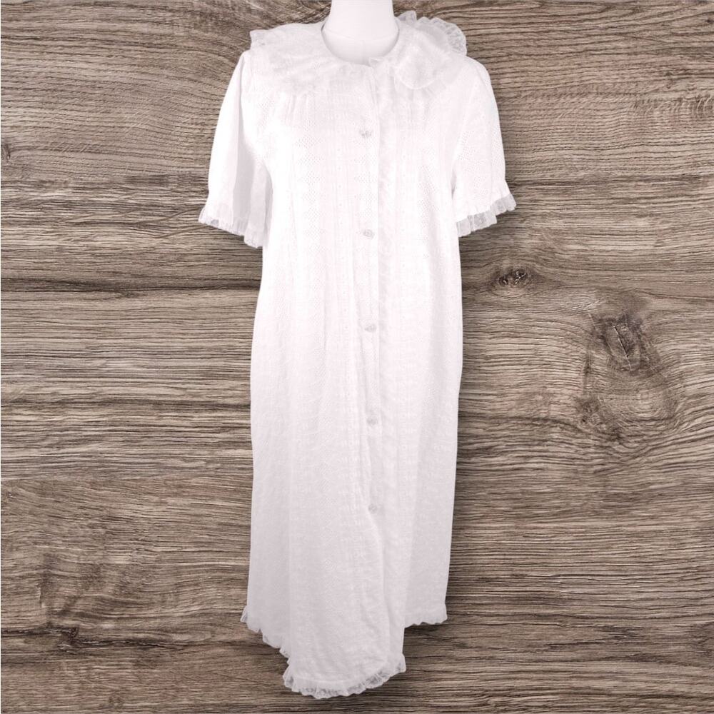 VTG 50s Stella Fagin Dainty Eyelet Lace Pale Pink Button Down Nightgown Robe MED